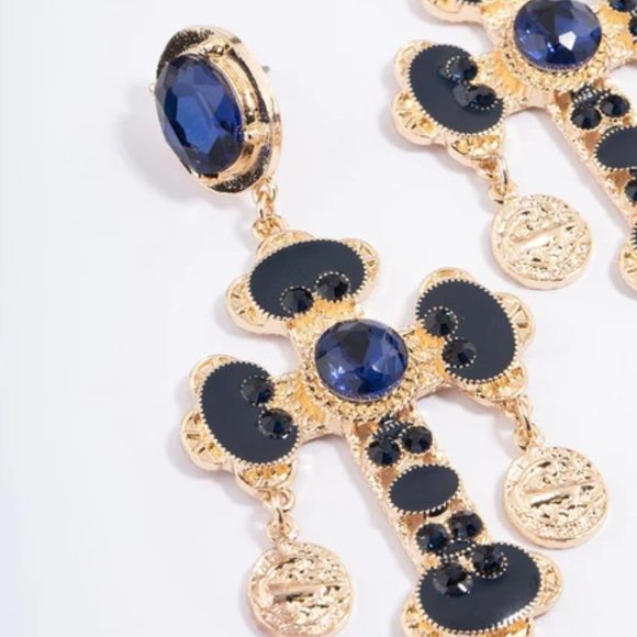 LOVISA MEDIEVAL ROYAL CROSS & COIN GOLD SAPPHIRE BLUE CRYSTAL EARRINGS**NEW! - Picture 2 of 3